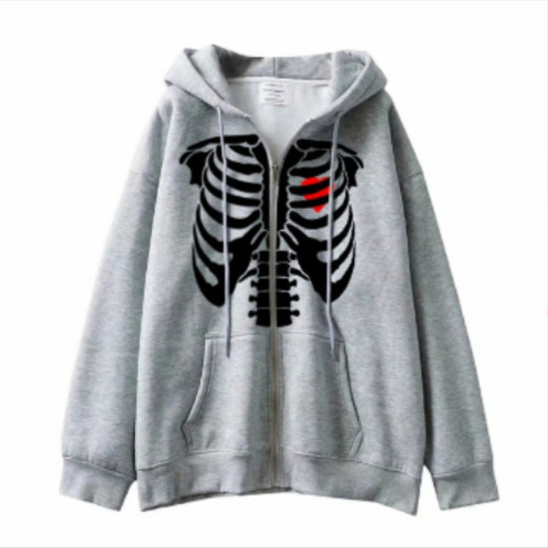 Skeleton Hoodie Zipper Hooded Sweatshirt Skeleton Print Cardigan Zipper