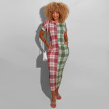 Women Plus Size Maxi Dresses Checkered Color-Block Crew Neck Slim-Fit Maxi Dress