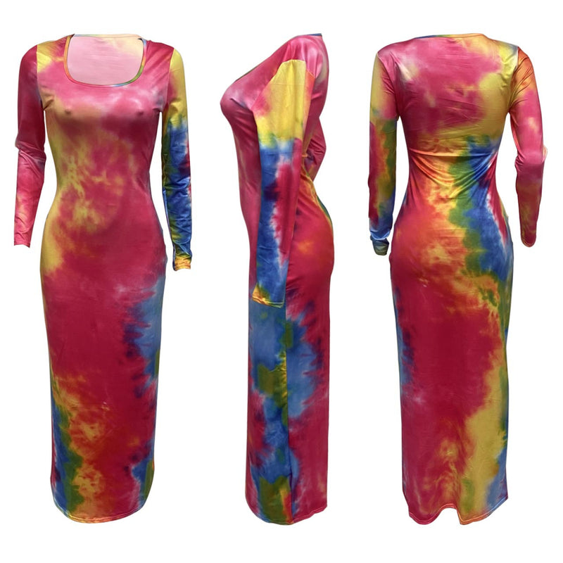 Printed Long Sleeve Color Dress