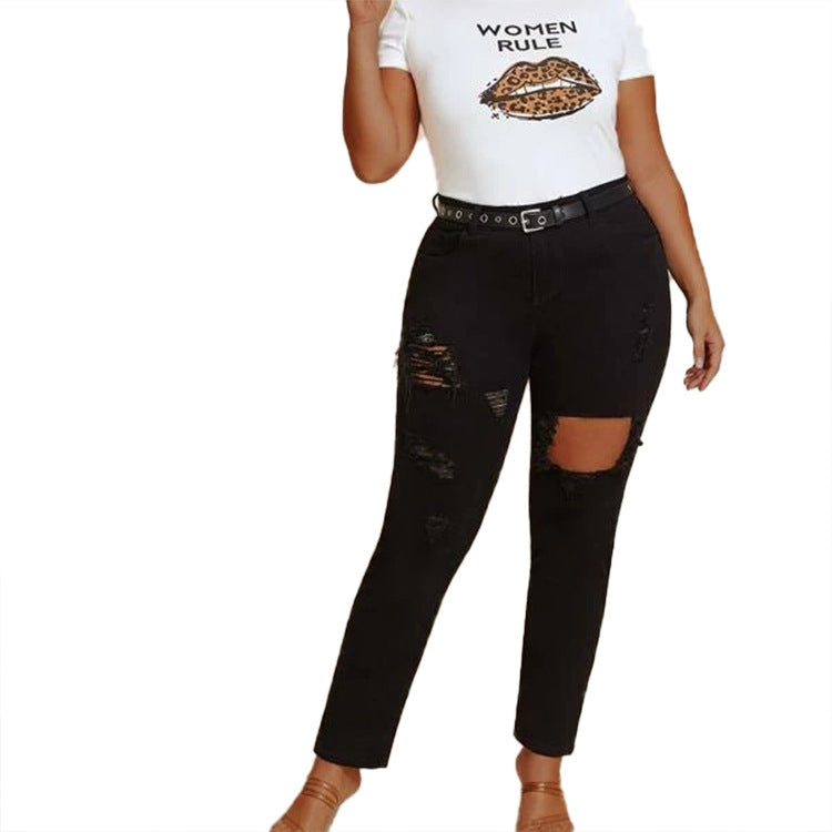 Women Plus Size Jeans Slim Ripped Denim Skinny Pants