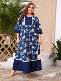 Women plus Size Dresses Fashionable Printed Contrast Color Large Swing Dress
