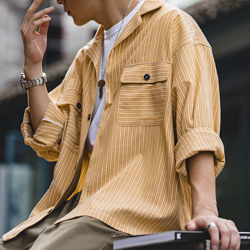 Work Shirts Vintage Goose Yellow Striped Long-Sleeved Top for Men