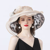 Kentucky Derby Hats Outdoor Fashion Elegant Hat Flower Adult Cap Spring/Summer Autumn Women's Wide Brim Hat European and American Style Yarn Embroidery Ventilation Cap