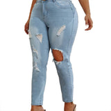 Women Plus Size Jeans Slim Ripped Denim Skinny Pants