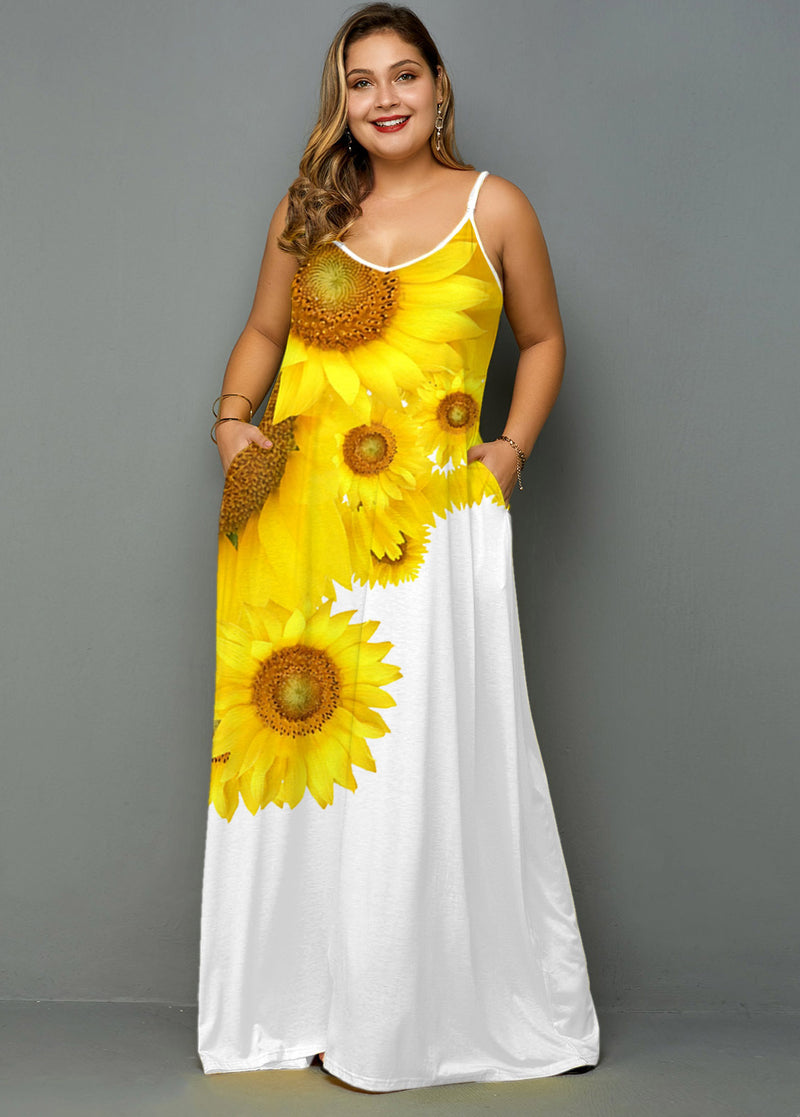 Women Plus Size Maxi Dresses Printed Sexy Deep V Strap Dress