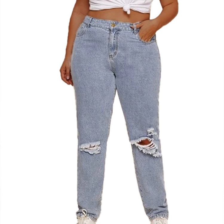 Women Plus Size Jeans Ripped Denim Pants