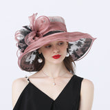 Kentucky Derby Hats Outdoor Fashion Elegant Hat Flower Adult Cap Spring/Summer Autumn Women's Wide Brim Hat European and American Style Yarn Embroidery Ventilation Cap