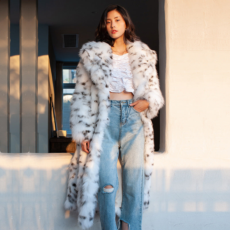 Women Dalmatian Coat Fur Imitation Fox Fur Black Dot Leopard Print Winter Loose