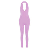 Women's Spring Clothing Sexy Backless Halter Sleeveless V-neck Hip Lifting Sport Jumpsuit