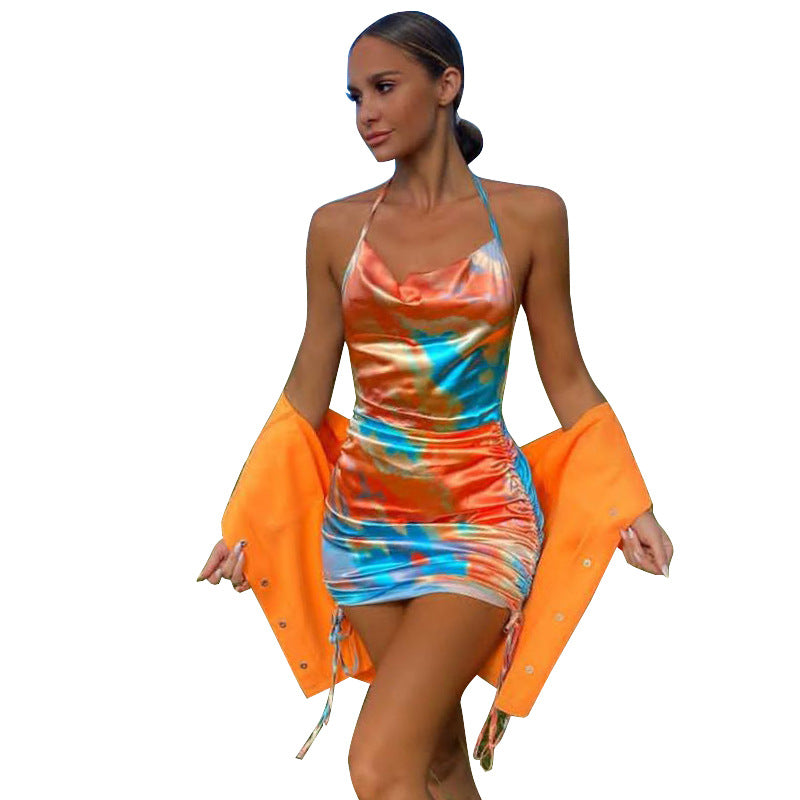 Abstract Bodycon Dress Sexy Backless Spaghetti Straps Short Skirt Crimp Waist Dress