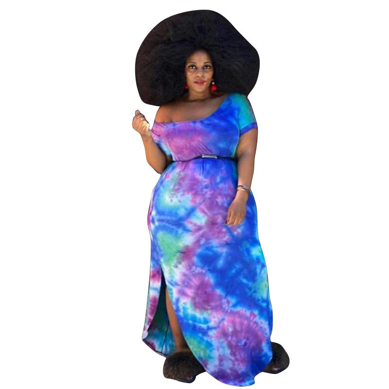Women Plus Size Maxi Dresses Crew Neck Split Tie-Dye Printed Loose Maxi Dress