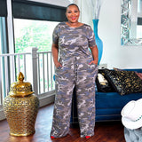 Women Plus Size Jumpsuits Camouflage Print Casual Wide Leg Jumpsuit