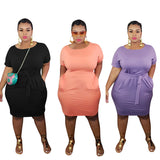 Women Plus Size Midi Dresses Solid Color Slim Fit Tight Hip Dress with Belt