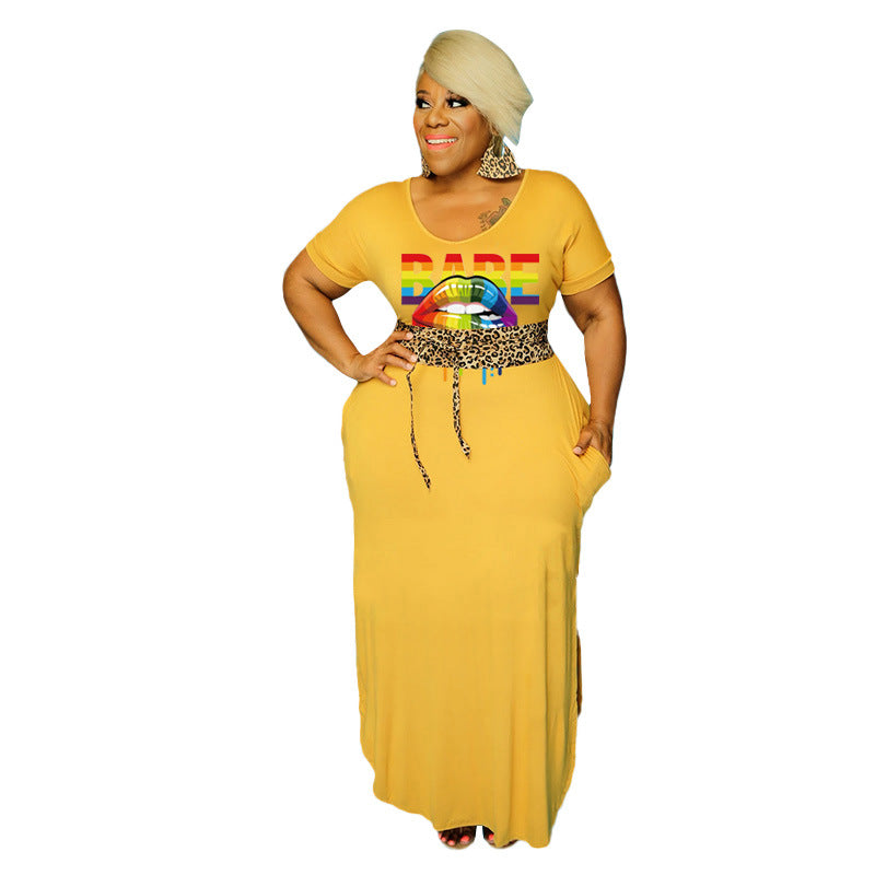 Women Plus Size Maxi Dresses Letter Lip Printings Round Neck Tight Dress