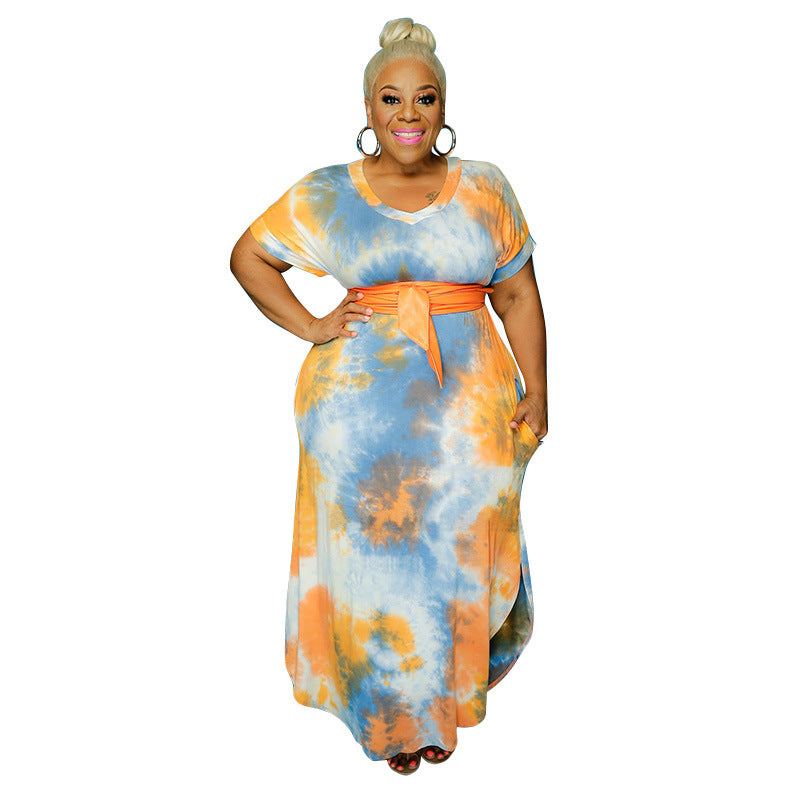 Women Plus Size Maxi Dresses Tie-Dye Printed Side Pocket V-neck Loose Dress