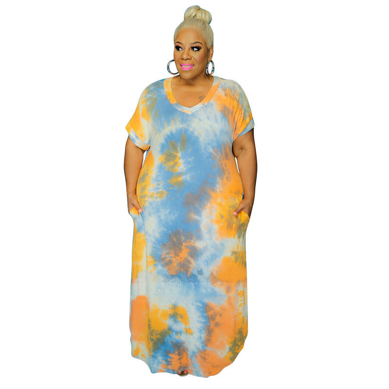 Women Plus Size Maxi Dresses Tie-Dye Printed Side Pocket V-neck Loose Dress