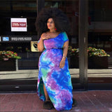 Women Plus Size Maxi Dresses Crew Neck Split Tie-Dye Printed Loose Maxi Dress