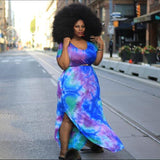 Women Plus Size Maxi Dresses Crew Neck Split Tie-Dye Printed Loose Maxi Dress