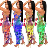 Abstract Bodycon Dress Sexy Mesh See-through Suspender Dress Long Dress