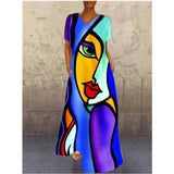 Women Exotic Dresses Vintage Portrait Cat Printing V-neck Dress