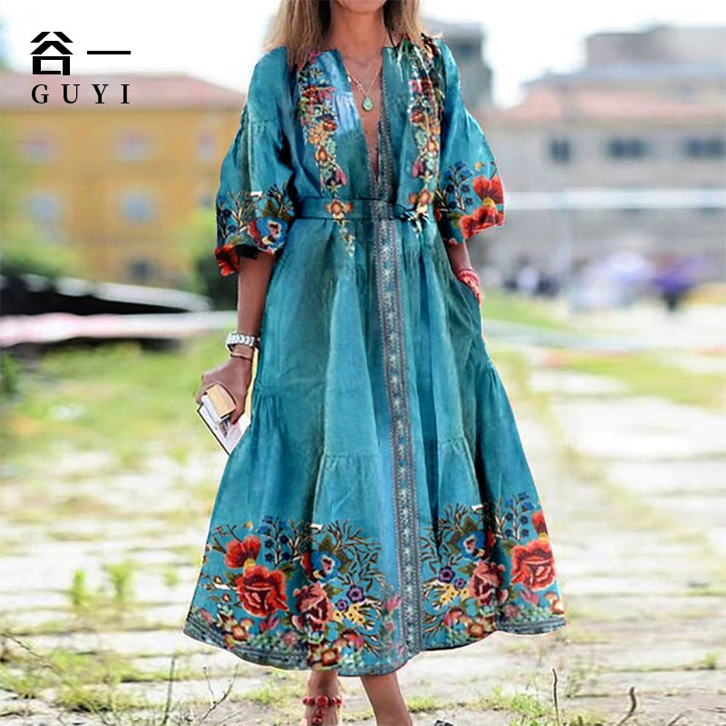 Beth Dutton Bohemian Dress Winter Autumn Midi Dresses Printed Skirt