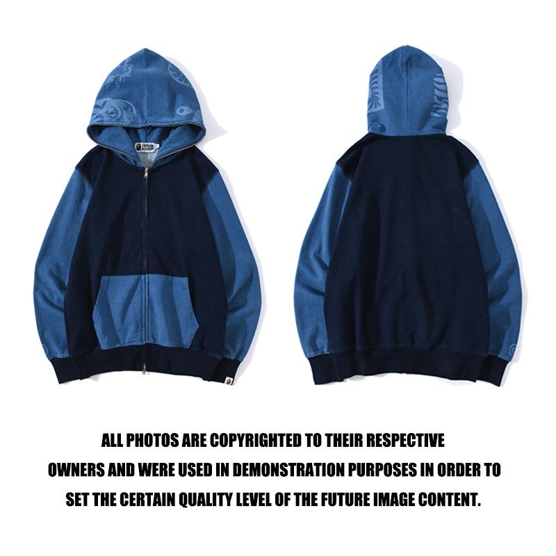 Shark Print Hoodie Stitching Denim Color Sweater Zipper Hoodie Coat
