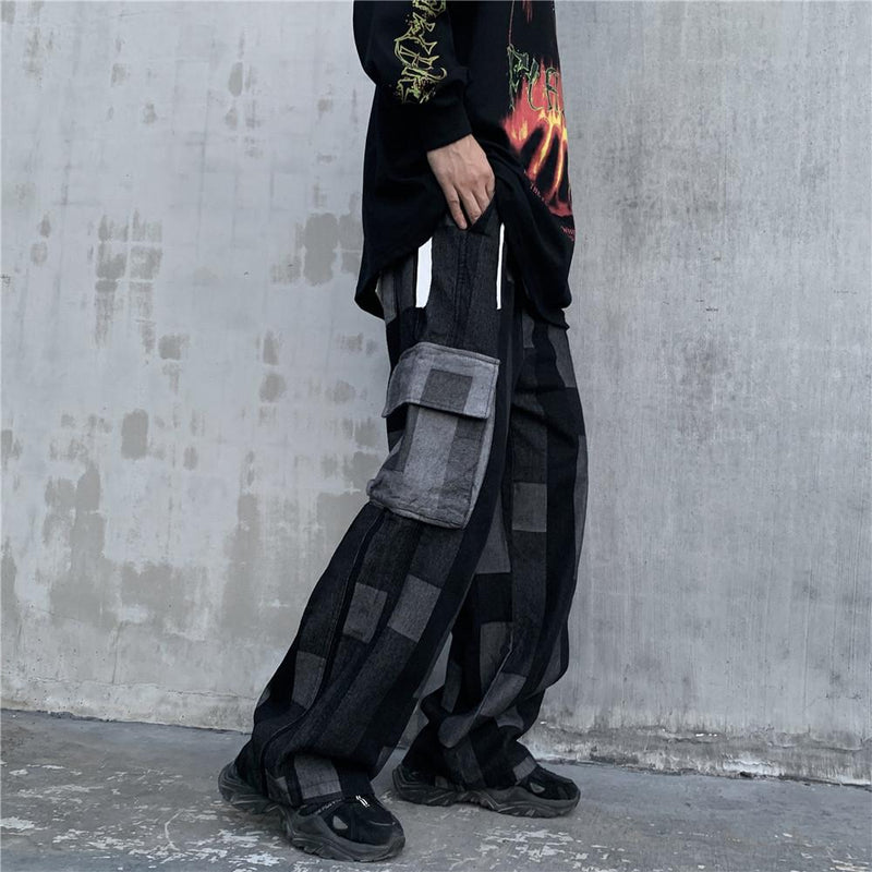 Men's Clothing Contrast Color Jeans Men's plus Size Retro Sports Multi-Pocket Cargo Pants Hip Hop Street Trend Loose Wide Leg Pants Men Pants