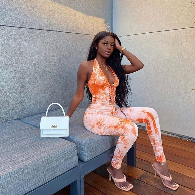 Spring New Women's Clothing Sexy Lace-up Low-Cut Tight-Fitting Jumpsuit