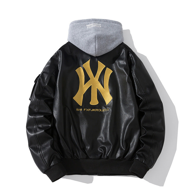 New York NYC Varsity Jacket Motorcycle Leather Jacket Letter Embroidered PU Leather Jacket
