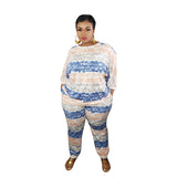 Women Plus Size Co-Ords Striped Printed Loose Fashion Casual Two-Piece Set