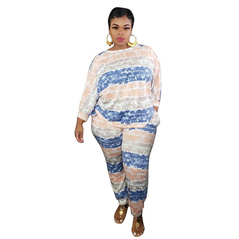 Women Plus Size Co-Ords Striped Printed Loose Fashion Casual Two-Piece Set