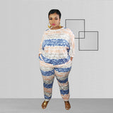 Women Plus Size Co-Ords Striped Printed Loose Fashion Casual Two-Piece Set