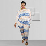 Women Plus Size Co-Ords Striped Printed Loose Fashion Casual Two-Piece Set