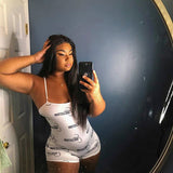 Women Plus Size One-Piece Clothes Printed Sexy Short Sleeve Strappy Homewear One-Piece Pajamas