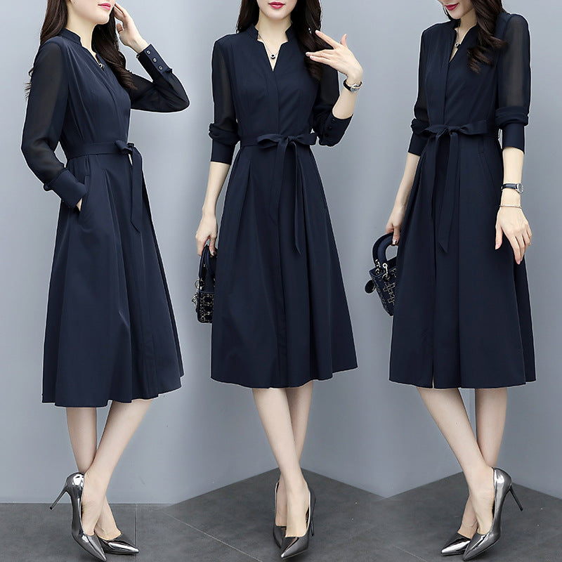 Work Dresses for Teachers Spring and Autumn Long Sleeve Dress Waist Trimming Slimming Skirt