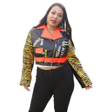 Women Plus Size Jackets Rivet Leather Coat Tiger Head Print Fashionable Jacket