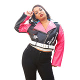 Women Plus Size Jackets Rivets Printing Lapel Contrast Color Zipper PU Fashionable Jacket