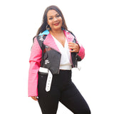 Women Plus Size Jackets Rivets Printing Lapel Contrast Color Zipper PU Fashionable Jacket