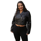 Women Plus Size Jackets Tassel Zipper and Lapel Casual Jacket with Belt