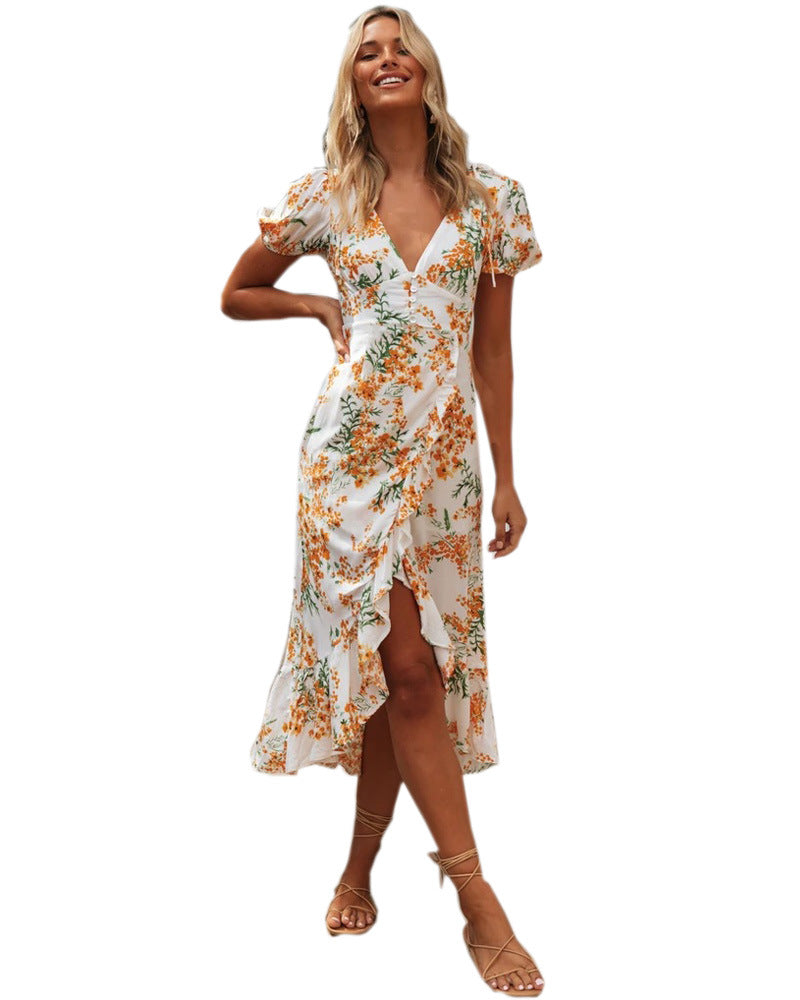 Beth Dutton Bohemian Winter Dress Midi Dresses Printed V-neck Short Sleeve High Waist Irregular Long Dress