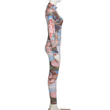 Women's Spring Clothing Fashion Printed Long Sleeve Hip Lifting Sport Jumpsuit