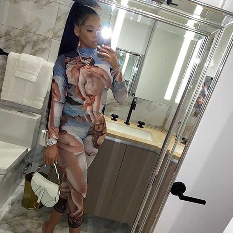 Women's Spring Clothing Fashion Printed Long Sleeve Hip Lifting Sport Jumpsuit