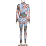 Women's Spring Clothing Fashion Printed Long Sleeve Hip Lifting Sport Jumpsuit