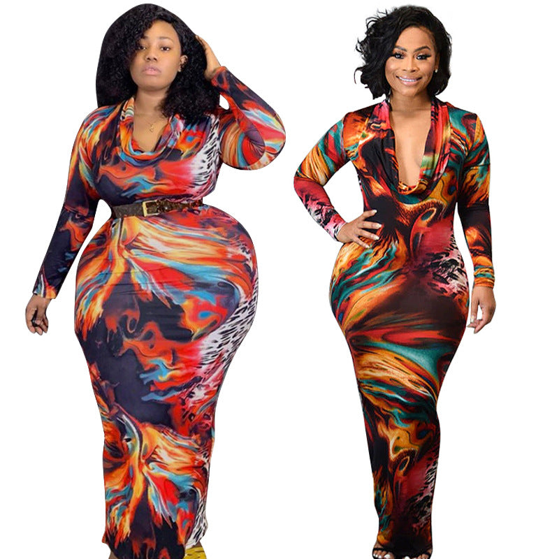 Women Plus Size Maxi Dresses Tight Low-Cut Sexy Print Dress