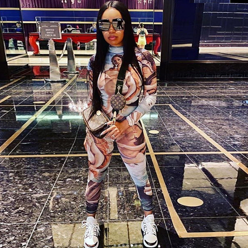 Women's Spring Clothing Fashion Printed Long Sleeve Hip Lifting Sport Jumpsuit