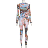 Women's Spring Clothing Fashion Printed Long Sleeve Hip Lifting Sport Jumpsuit