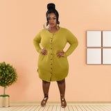 Women Plus Size Mini Dresses Slim-Fit Cardigan Side Pocket Long Sleeve Dress