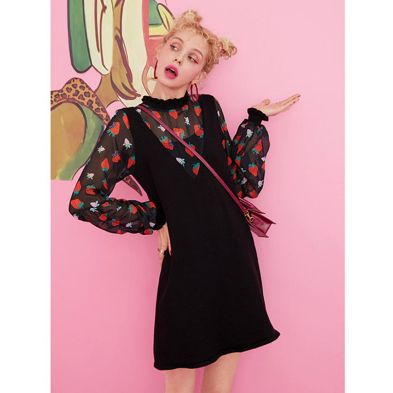 Half-High Collar Suspender Dress Strawberry Knitted dress Printed Chiffon