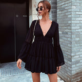 Bohemian Beach Dress Solid Color Chiffon V-neck Flared Sleeves