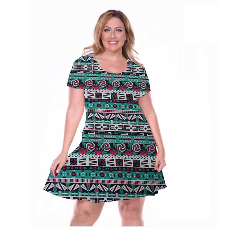Women plus Size Mini Dresses round Neck Short Sleeve Printed Dress